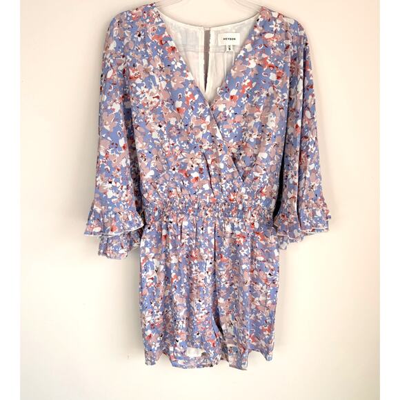 Heyson Blue Floral Wrap Romper Size S Long Sleeve Smocked Waist - Picture 2 of 8